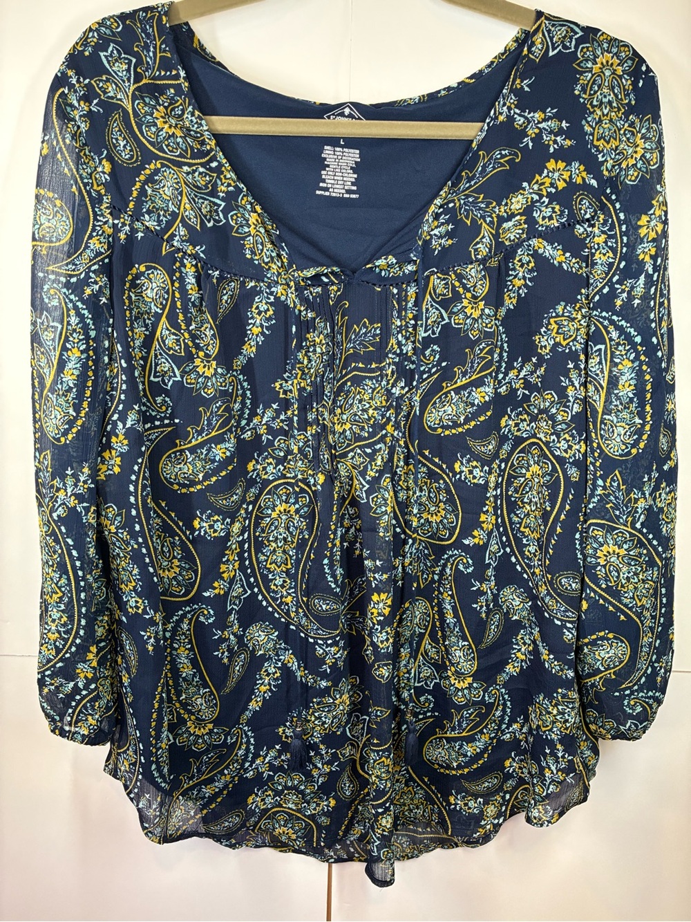 St John’s Bay Navy Paisley Peasant Blouse Sheer Sleeve Boho Top Size Large